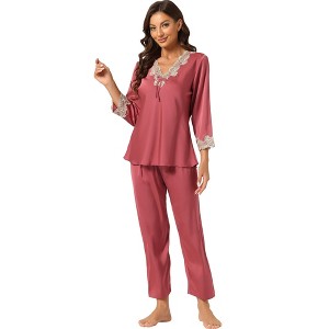 Allegra K Women’s Soft V Neck 3/4 Sleeves Lace Insert Two-Piece Pajama Sets - 1 of 4