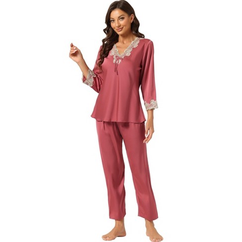 Allegra K Women’s Soft Long Sleeve Lace Night Suit Pajama Sets Light ...