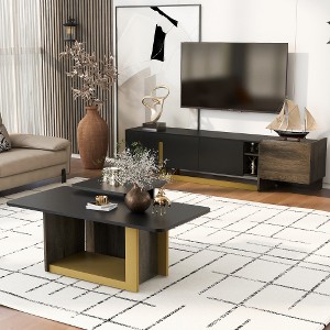 ACEPANO Set of 2 Modern Wood Coffee Table with Spacious Top, Storage Cabinet & Open Adjustable Shelves-Black - 1 of 4