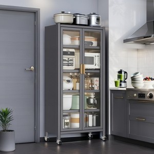 67.3" Kitchen Pantry Storage Cabinet with Acrylic Glass Door, Adjustable Shelves & Wheels, Metal Tall Food Cabinets - 1 of 4