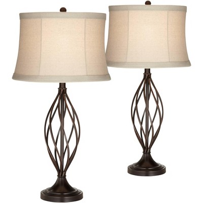 Franklin Iron Works Traditional Table Lamps Set of 2 Iron Bronze Twist Tan Bell Drum Shade for Living Room Family Bedroom Bedside