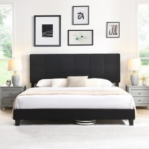 King Size Bed, Fabric Upholstered Platform Bed Frame With Linen Fabric Headboard, No Box Spring Needed, Wood Slat Support - 1 of 4