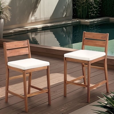 GDFStudio Vivien Modern 23.5" Outdoor Solid Acacia Wood Upholstered Counter Stool(Set of 2)