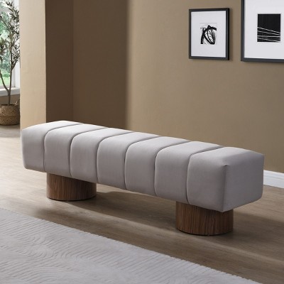 Velvet Upholstered Dining Bench,Mid-Century End of Bed Entryway Bench with Wooden Legs For Dining Room or Bedroom Ottoman-Coolbibila