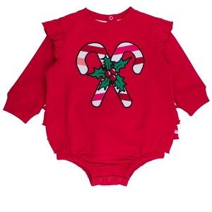 RuffleButts Baby Girls Applique Sweatshirt Bubble Romper - 1 of 2
