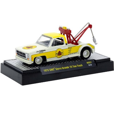 975 GMC Sierra Grande 15 Tow Truck "Pennzoil" Off White and Yellow Limited Edition 1/64 Diecast Model Car by M2 Machines