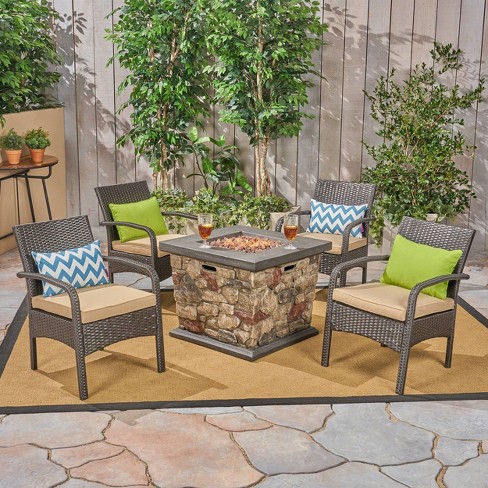 Cordoba 5pc Wicker And Light Weight Concrete Fire Pit Set Brown