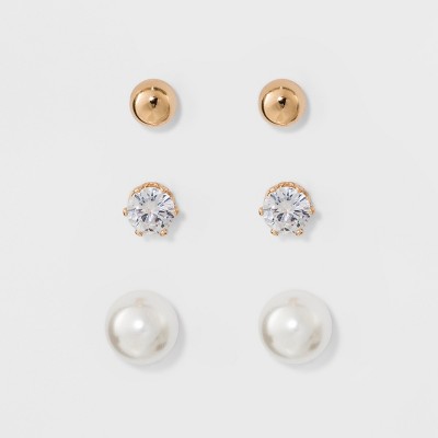 Stud Pearl Heart Clear Stones Gold Earrings 3pc - A New Day™ Gold : Target