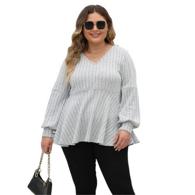Women Plus V Neck Lantern Long Sleeve Shirts Oversized Casual Ribbed Tunics Knit Pullover Sweaters Flower Gray Large