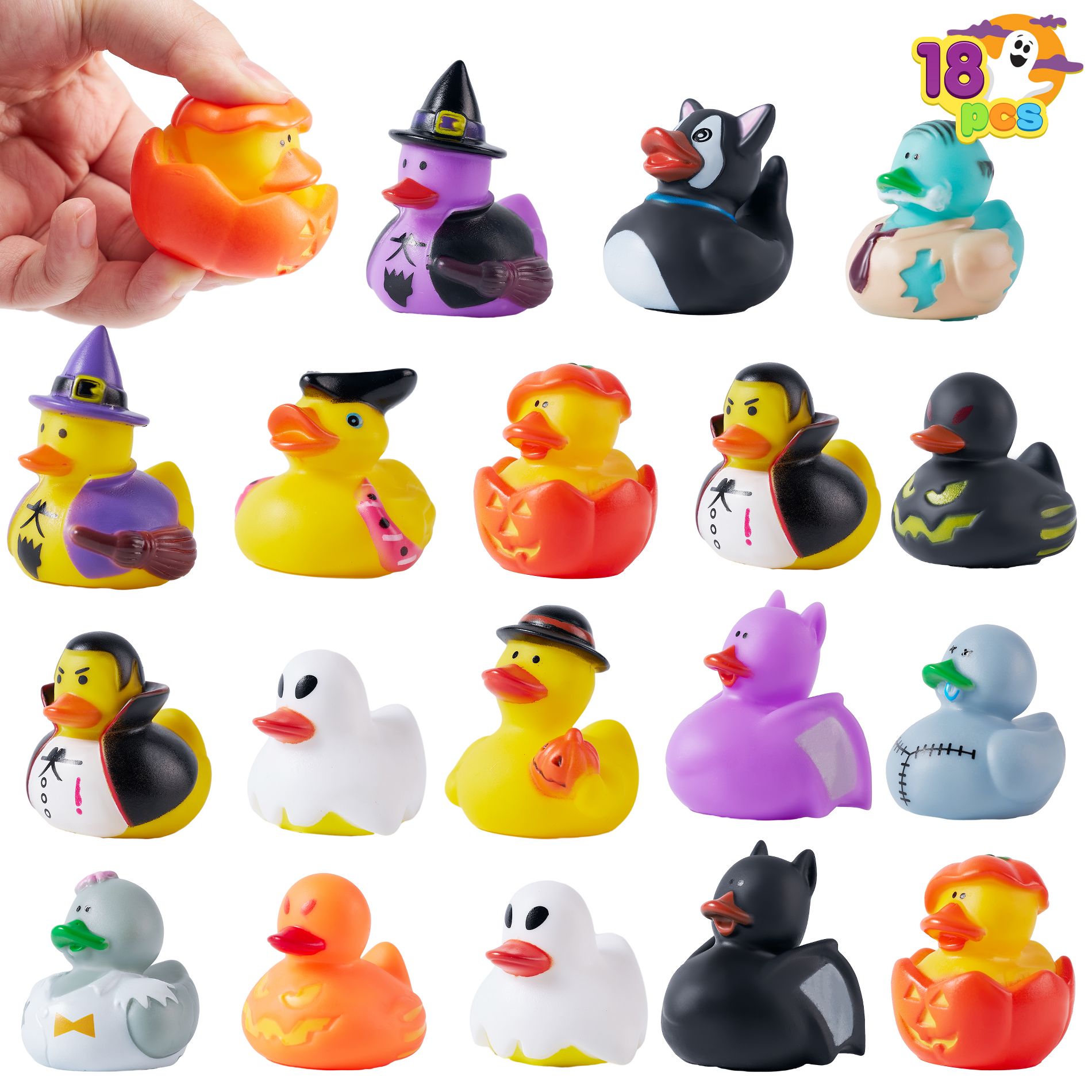Joyfy Halloween Party Supplies, 18 PCS Rubber Ducks Party Toys for Halloween Goodie Bag Fillers Decorations School Classroom Game Prizes Baby Bath Toy