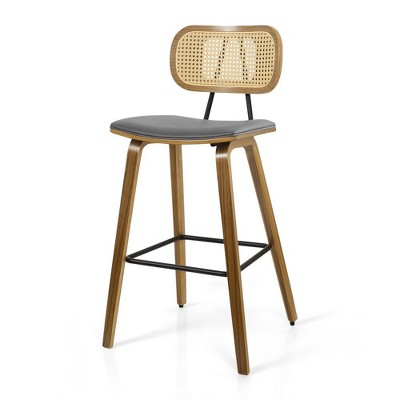 Bekrvio 26" Mid Century Modern Counter Height Bar Stools - Rattan Cane Back, Wood, PU Leather Upholstered for Kitchen Island Dining