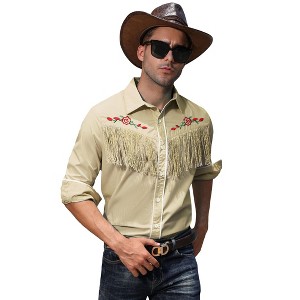 BLUEMING Men's Western Cowboy Fringe Shirt Costume Long Sleeve Casual Hippie Slim Fit Button Down Shirt - 1 of 4