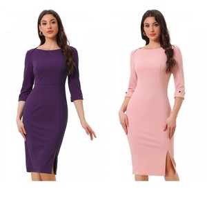 INSPIRE CHIC Women's Elegant Boat Neck 3/4 Sleeves Work Midi Split Sheath Dress 2 Packs - 1 of 4