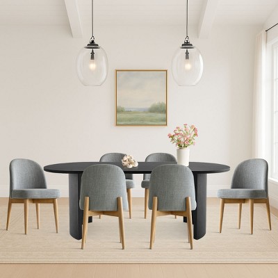 7-Piece Oval Dining Table Set, Modern Wood Table in Black or Oak with 6 Upholstered Chairs, Solid Wood Legs-Maison Boucle