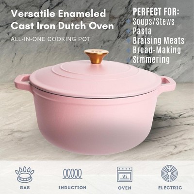 Matte Pink Enameled Cast Iron 6 Qt Round Dutch Oven with Lid