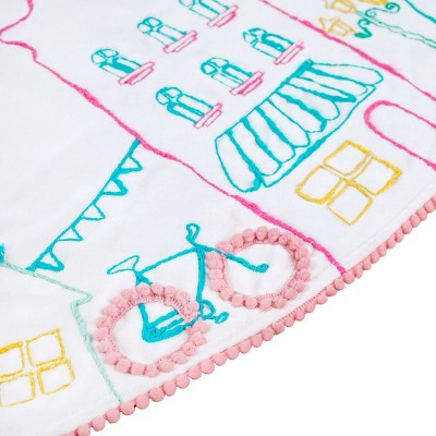 52" White Cotton Velvet Village Scene Embroidered Tree Skirt