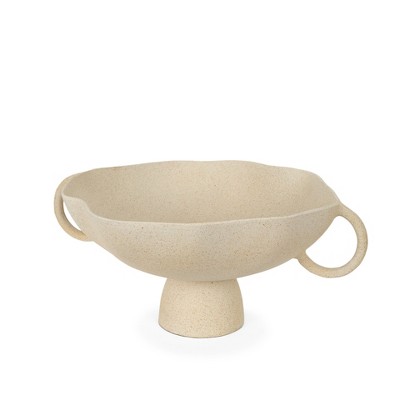 HomeRoots 16" Beige Cast Aluminum Round Pedestal Centerpiece Bowl With Handles