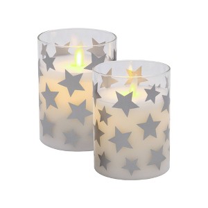 2ct Battery Operated Glass LED Candles with Moving Flame Silver Stars: Flameless Pillar, Winter Decor, Lumabase - 1 of 4