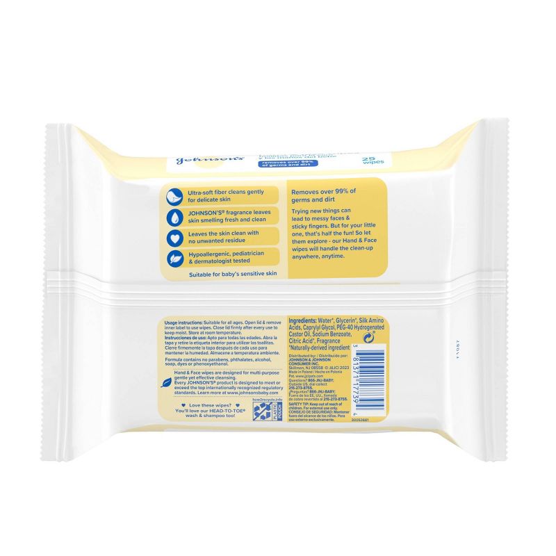 Johnson&#39;s Baby Disposable Hand &#38; Face Cleansing Wipes, Pre-Moistened Wipes, Gentle for Delicate Skin - 25ct, 3 of 8