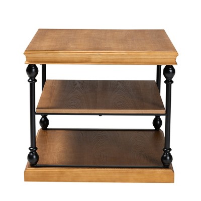 Sebastian Oak Brown Wood and Black Metal 3-Tier End Table