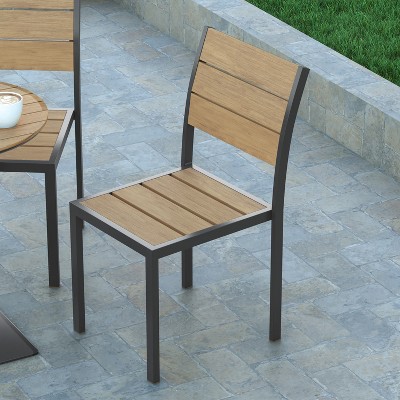 Natural Faux Teak and Gray Metal Armless Stacking Chair