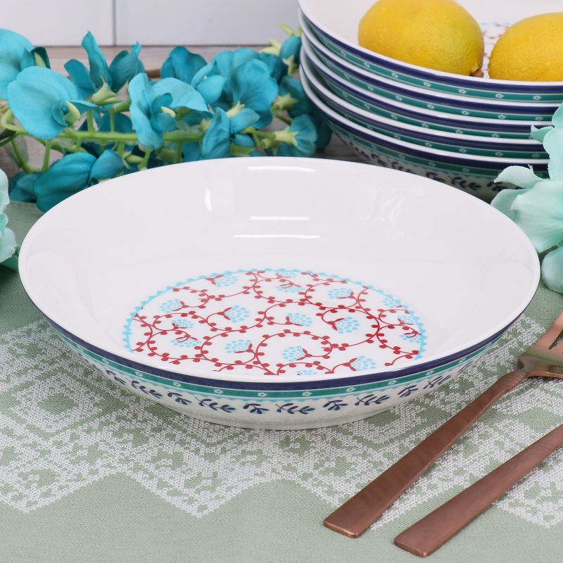 Gibson Home Village Vines Floral 6 Piece 8 Inch Fine Ceramic Dinner Bowl Set in White and Blue, 5 of 6