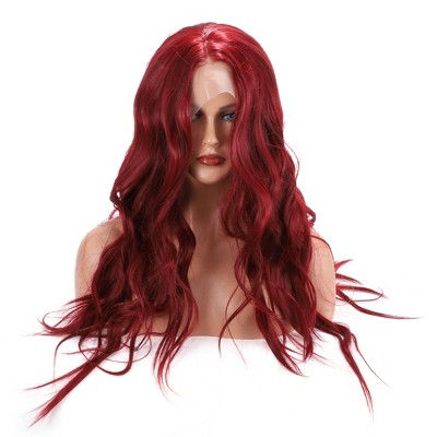 Unique Bargains Women's Long Body Wave Lace Front Wigs with Wig Cap 26" Wine Red 1 Pc