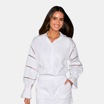 Women's White Collared Cutout Sleeve Blouse - Cupshe