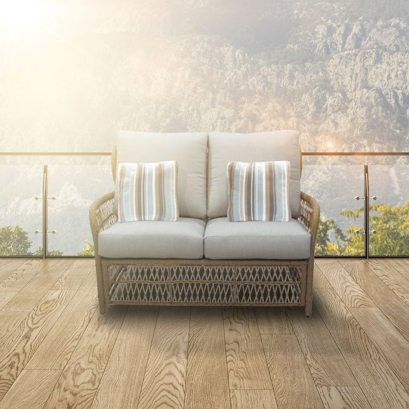 Four Seasons Courtyard Positano Wicker Loveseat Outdoor Bench Seating Furniture with Acrylic Plush Comfortable Lounge Cushions and 2 Accent Pillows, 5 of 7
