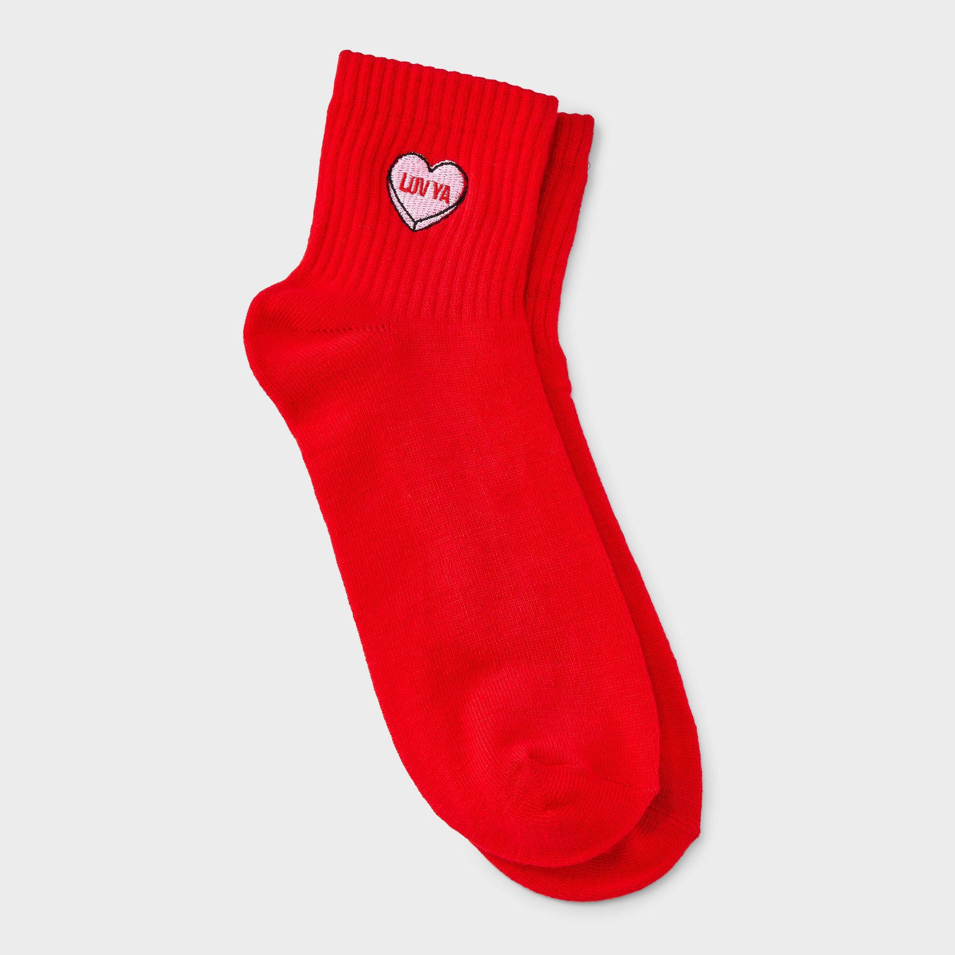 Women's Embroidered 'Luv Ya' Valentine's Day Ankle Socks - Red/Pink 4-10