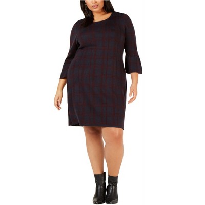 NY Collection Womens 3/4 Bell Sleeve Plaid Sweater Dress