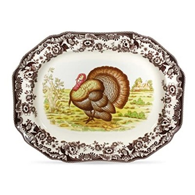 Spode Turkey Collection 19" Octagonal Platter - Fine Porcelain Holiday Serveware with Rustic Turkey Design, Microwave, Dishwasher & Warm Oven Safe