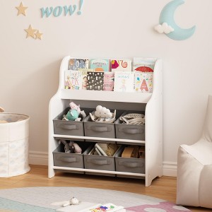 Gulches Kids Bookshelf with 6 Fabric Bins - 3 Front-Facing Display Shelves, Multi-Functional Toy Organizer, White & Gray - 1 of 4