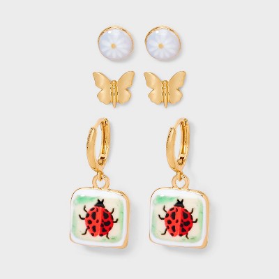 Bug and Flower Stud and Drop Earring Set 3pc - Universal Thread™ Gold: Nickel-Free Metal, Post Closure