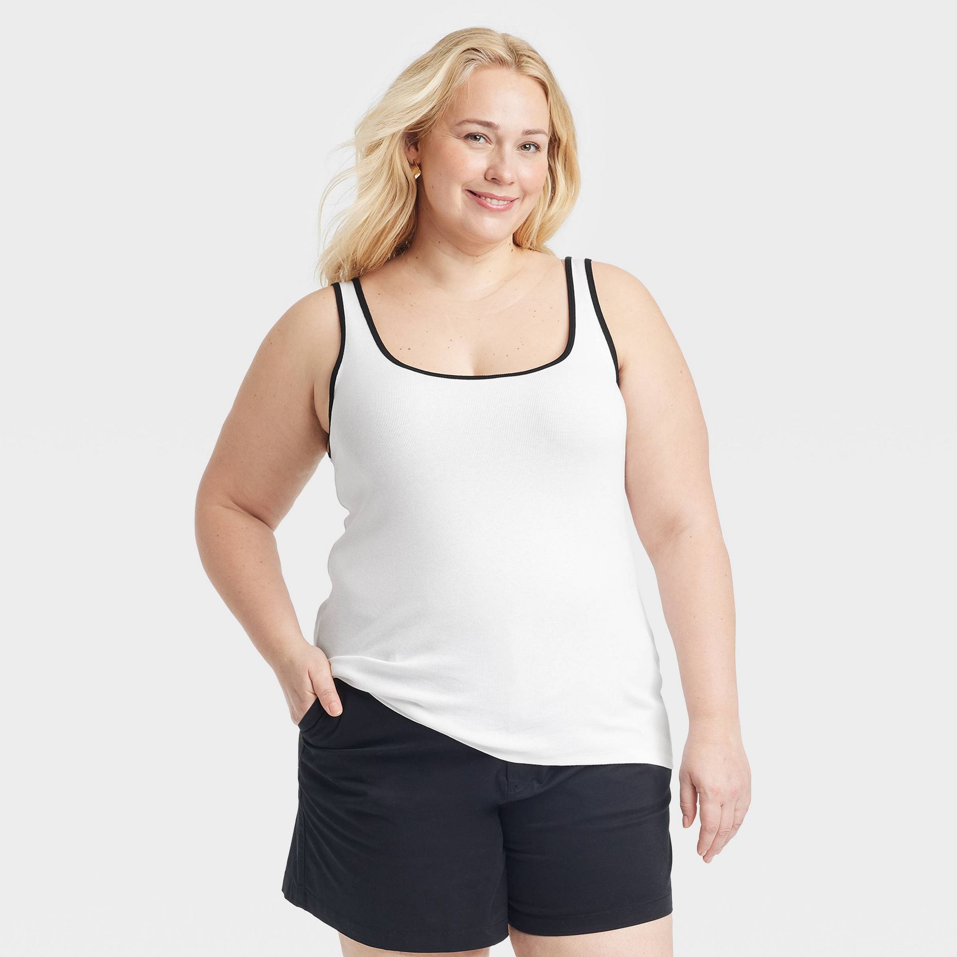 Women's Slim Fit Layered Tank Top - A New Day™ White/Black XL: Cotton Modal Spandex, Scoopneck, Pullover