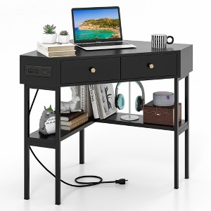 Costway Corner Computer Desk Writing Workstation Study Desk w/ 2 Drawers White\Black\Gold - 1 of 4