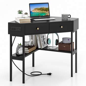 Costway Corner Computer Desk Writing Workstation Study Desk w/ 2 Drawers White\Black\Gold
