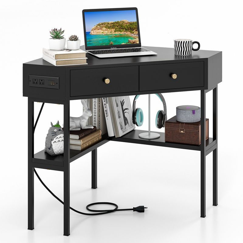 Costway Corner Computer Desk Writing Workstation Study Desk w/ 2 Drawers White\Black\Gold, 1 of 11