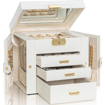 4-Tier Jewelry Box Leather Jewelry Storage Organizer with 3 Drawers Lockable