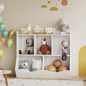 3-Tier Kids Bookshelf and Toy Storage, Toddler 5 Cubby Toy Storage Cabinet, Children Small Bookcase for Bedroom, Playroom, School, Living Room - 1 of 4