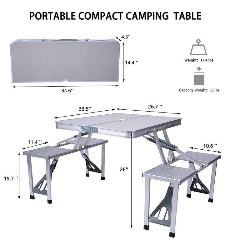 MPM Folding Camping Table Chair Set - Silver, Aluminum Suitcase Portable Camping Picnic Table with 4 Seats, Umbrella Hole for Party, BBQ, Beach, 3 of 6