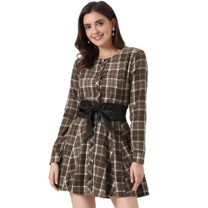 INSPIRE CHIC Women's Plaids Long Sleeves Belted Mini A Line Shirt Dress - 1 of 4
