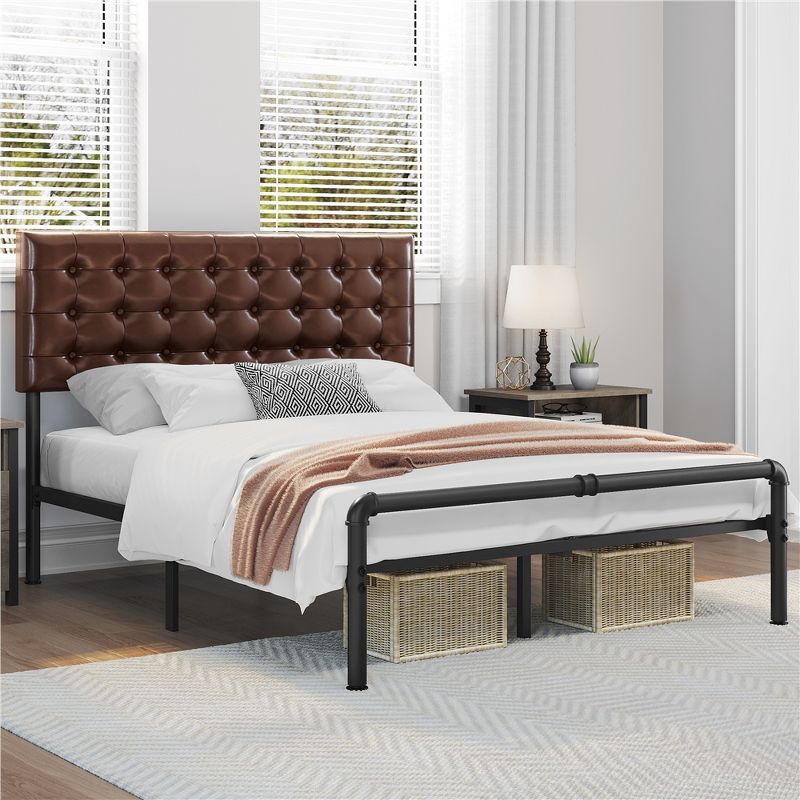 Yaheetech Metal Platform Bed Frame with Square Tufted Faux Leather Upholstered Headboard, 2 of 9