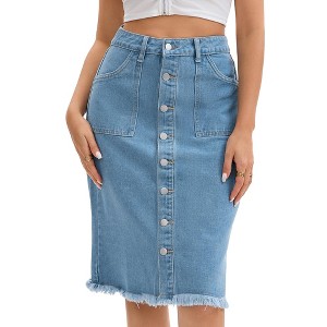 INSPIRE CHIC Women's Denim Button Down High Waist with Pockets H-Line Midi Skirts - 1 of 4