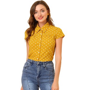 INSPIRE CHIC Women's Short Sleeve Vintage Polka Dots Button Up Blouse - 1 of 4