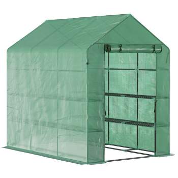 Outsunny 84.25" x 56.25" x 76.75" Walk-in Greenhouse, 3-Tier Shelves, Steel Frame Hot house, Roll-Up Zipper Door for Flowers, Vegetables, Green