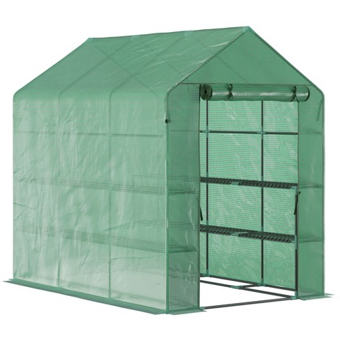 Outsunny 84.25" x 56.25" x 76.75" Walk-in Greenhouse, 3-Tier Shelves, Steel Frame Hot house, Roll-Up Zipper Door for Flowers, Vegetables, Green - image 1 of 4