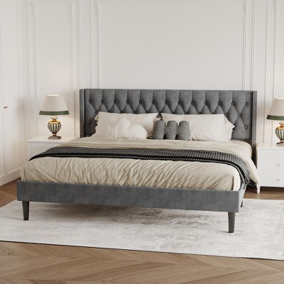Elegant Gray Velvet King Size Bed Frame with Wingback Design, Deep Button Tufting, Metal Stability, Easy Assembly, Fits 12" Mattresses