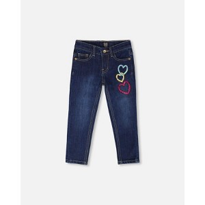 Deux par Deux Girl Stretch Jeans Blue Denim with Glittery Hearts - 1 of 4