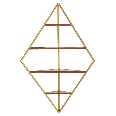 Walnut Brown Floating Corner Shelf with Gold Frame